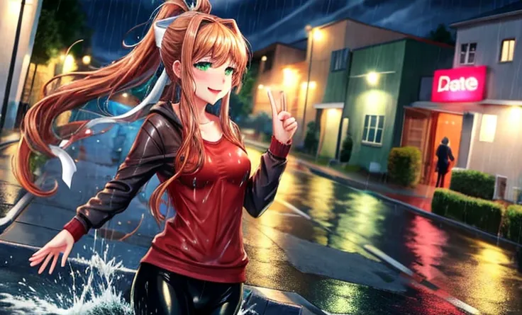 SoakingWetClothes, Masterpiece, highest quality, monika, green eyes, brown hair, very long hair, ponytail, hair ribbon, casual clothes, leggings, soaking wet clothes, wet hair, wet body, wetlook, soaked, pouring rain, outside, running down the sidewalk, dr...