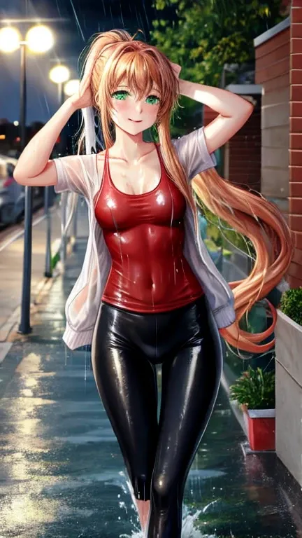 SoakingWetClothes, Masterpiece, highest quality, monika, green eyes, brown hair, very long hair, ponytail, hair ribbon, casual clothes, leggings, soaking wet clothes, wet hair, wet body, wetlook, soaked, pouring rain, outside, running down the sidewalk, dr...