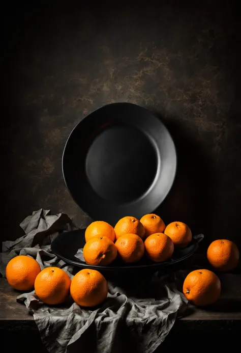 a black plate and some oranges in it, in the style of darktable processing, asymmetric compositions, softbox lighting, crumpled, lively tableaus, contrasting values, staged photography , neo photopictorialism style.