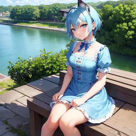 ((Best quality)), ((masterpiece)), (detailed), perfect face, cute cat girl with blue hair and blue eyes short hair, dressed in a cute blue Lolita dress.Sitting on a bridge near the river