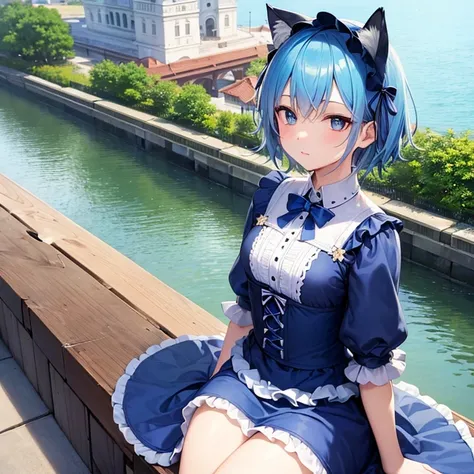 ((Best quality)), ((masterpiece)), (detailed), perfect face, cute cat girl with blue hair and blue eyes short hair, dressed in a cute blue Lolita dress.Sitting on a bridge near the river