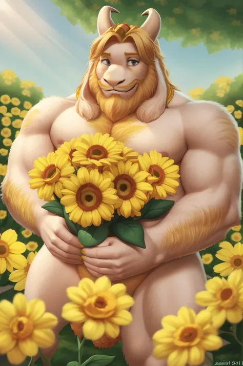 asgore, chubby, bara, smile, belly, blonde hair, (pose:1.3), (posing:1.3), (soft shading), 4k, high resolution, five fingers, detailed hands, ((detailed face, (detailed eyes: 1.0), detailed)), (full body), by zackarry911, by zaush, (by personalami:0.5), (a...