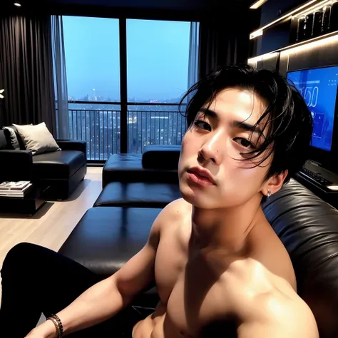 there is a man sitting on a couch in a living room, cai xukun, fotografia selfie 8k, homem sul-coreano, inspirado em Zhang Han, capturado em canon eos r 6, pintar ulzzang, Steven Klein, [ fotografia realista ], inspirado em jeonseok lee, tirada com sony al...