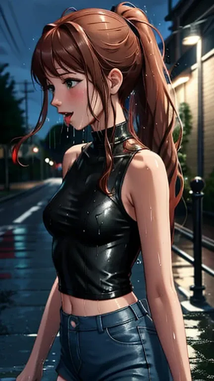 soakingwetclothes, masterpiece, highest quality, monika, green eyes, brown hair, very long hair, ponytail, hair ribbon, casual c...