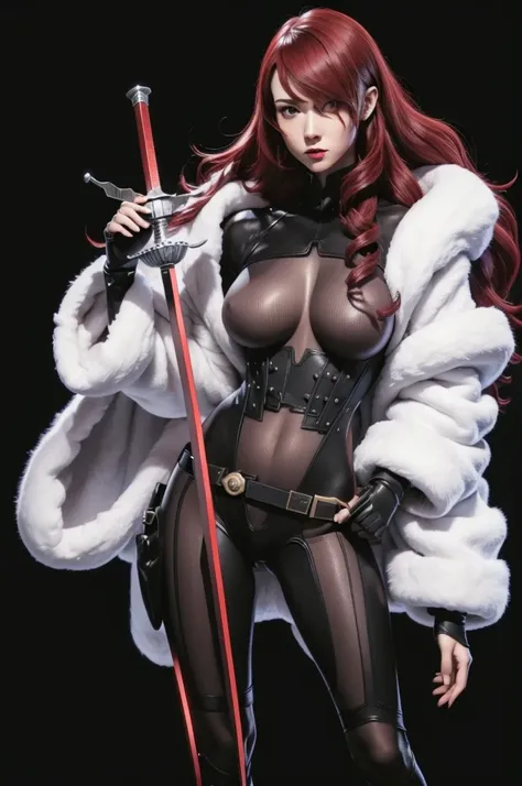 a woman with red lipstick has armor on and is holding a sword, kirijou mitsuru, 1girl, solo, hair over one eye, long hair, (((red hair))), (((red eyes))), weapon, rapier, sword, bodysuit, black bodysuit, grey bodysuit, hand on hip, (((large breasts))), sim...