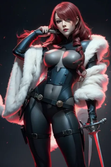 a woman with red lipstick has armor on and is holding a sword, kirijou mitsuru, 1girl, solo, hair over one eye, long hair, (((red hair))), (((red eyes))), weapon, rapier, sword, bodysuit, black bodysuit, grey bodysuit, hand on hip, (((large breasts))), sim...