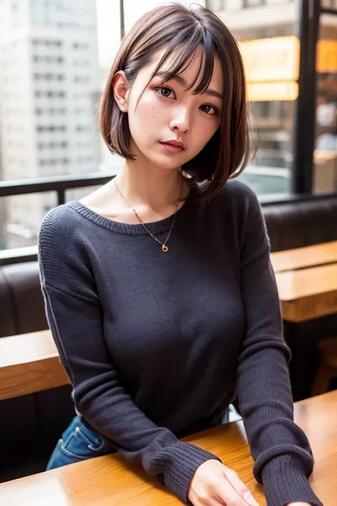 woman,sweater,Cafe background,long term、black hair long straight、bangs、Dark eye makeup、nice、mature、outstanding style、sexy、half、comb hair、dark makeup、Sideways