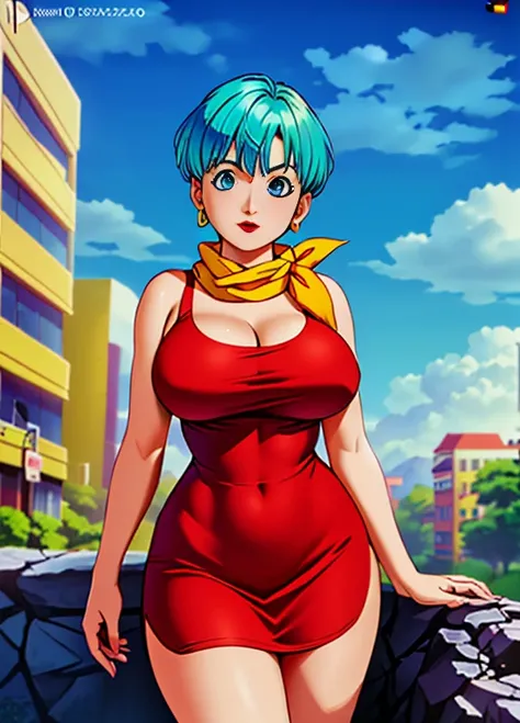 masterpiece, best quality, highest quality, (perfect lighting), (photorealistic), perfect anatomy, perfect face, perfect eyes, 
 bulmadbzreddress, aquamarine hair, short hair, blue eyes, earrings, red dress, yellow scarf, blue sky, clouds, on a cliff looki...