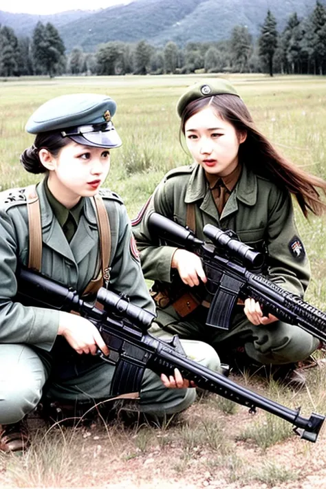 girls in WWII military uniform, using rifles, on the battlefield