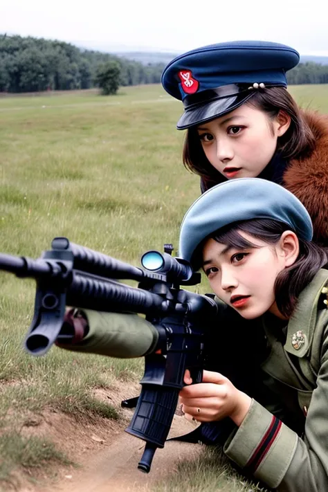 girls in WWII military uniform, using rifles, on the battlefield