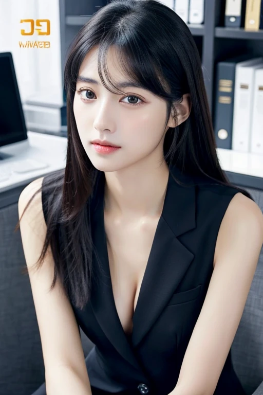 masterpiece,black hair、long hair best quality, (realistic:1.4), 8K, RAW photo, ultra high resolution, very detailed eyes and face, very detailed, disorganized, Professional,1 girl,small breasts, thin,skinny,looking at the viewer,suit,Upper body,office lady...