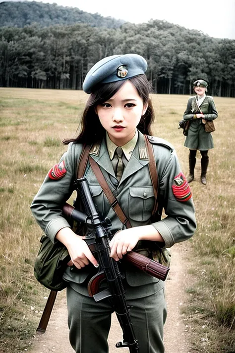 girls in WWII military uniform, using rifles, on the battlefield