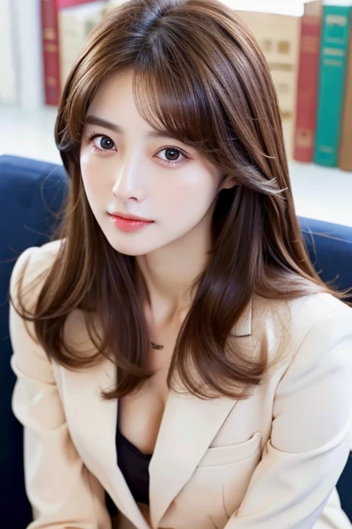 masterpiece,brown hair、long hair best quality, (realistic:1.4), 8K, RAW photo, ultra high resolution, very detailed eyes and face, very detailed, disorganized, Professional,1 girl,small breasts, thin,skinny,looking at the viewer,suit,Upper body,office lady...