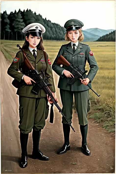 girls in wwii military uniform, using rifles, on the battlefield