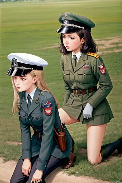 girls in WWII military uniform, using rifles, on the battlefield