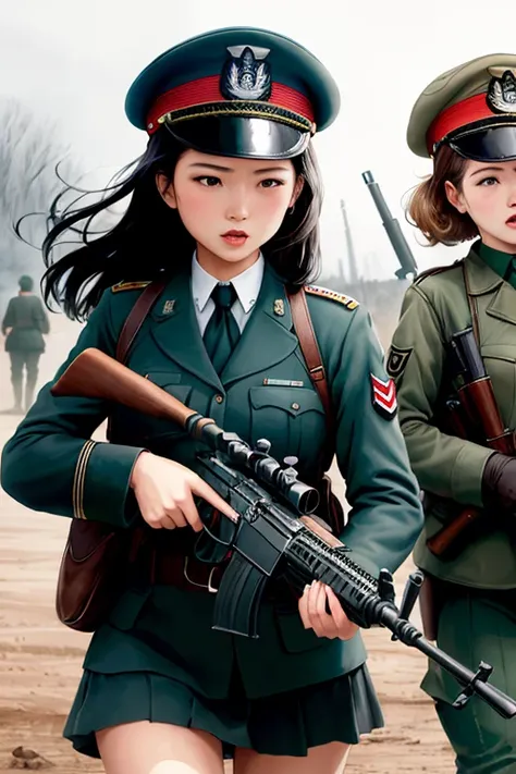 girls in wwii military uniform, using rifles, on the battlefield