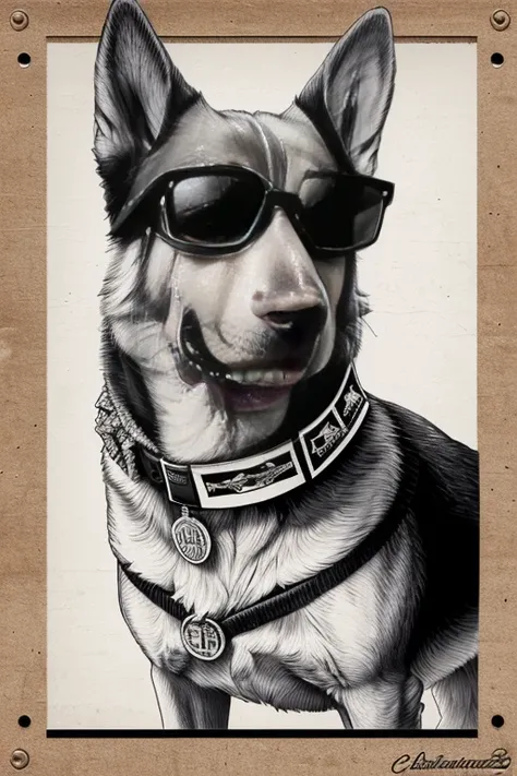 German Shepherd dog, Using Rocker Accessories, he wears a red bandana around his neck, Fashion glasses, famous brand cap, (((cartazes, planfetos, Adesivos, propaganda, revista.))) monochrome, linear, pencil sketch, sem cor, scribble made with pencil.