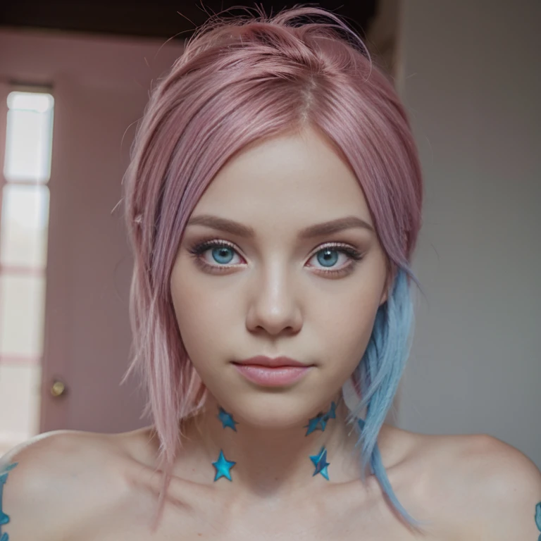 Pink hair, blue skin with pink star eyes