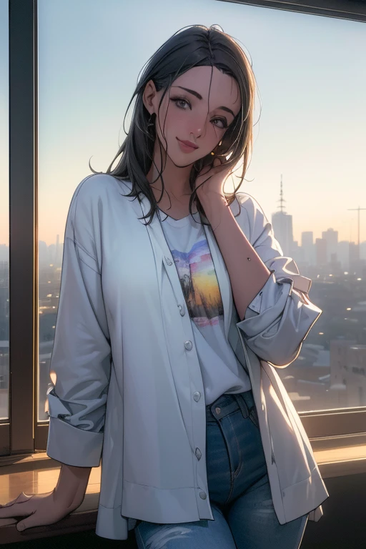 (una chica con ropa casual),pechos medianos,escote,paisaje urbano,smiling expression,(extremadamente detallado),Cara perfectamente detallada,manos detalladas,photoRealista image,(Mejor calidad,4k,8k,high resolution,obra maestra:1.2),ultra detallado,(Realis...