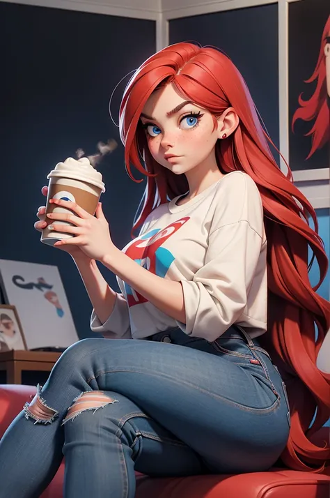 An adult girl with red long straight hair, freckles, blue eyes and curvy, with a white shirt with spiderman logo and ripped jeans with a coffee cup in her hands, resting with a gossip face in her sofa in her apartment with new york poster in her wall, in P...