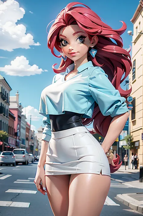 ARIEL FROM DISNEY WEARING A CROP TOP AND A WHITE SKIRT POSING SEXY, IN THE STREET WITH HER CURVY BODY, SEXY FACE