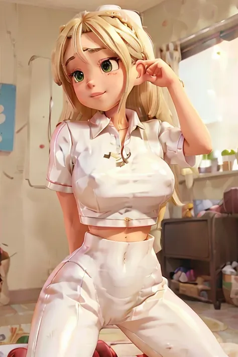 1girl, Blonde braided hair, (squatting), dressed in Glossy White Leather, also shes a Nurse, on the battle field. gigantic breasts, ctmp, abs, giga_busty