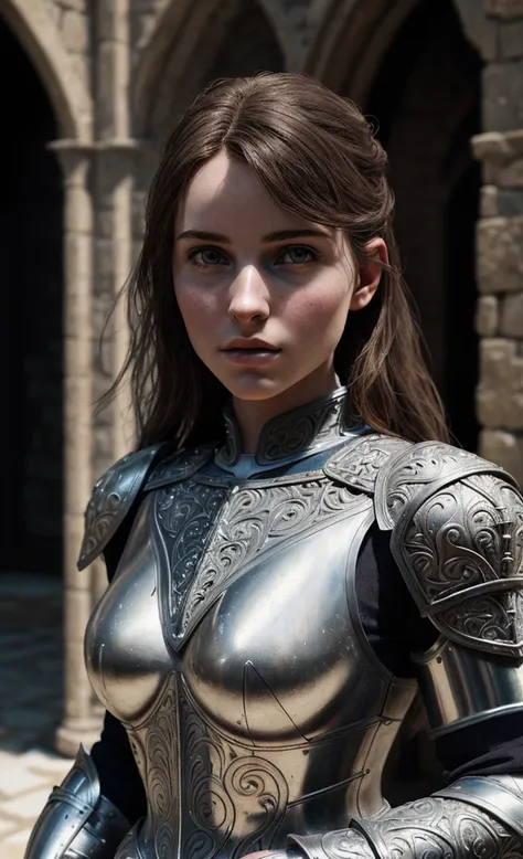 (masterpiece), (extremely intricate:1.3), (realistic), portrait of a girl, the most beautiful in the world, (medieval armor), metal reflections, upper body, outdoors, intense sunlight, far away castle, professional photograph of a stunning woman detailed, ...