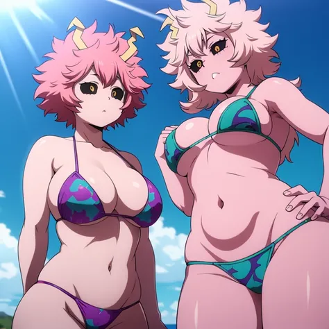 Ashido Mina, piel rosada, ojos amarillos, black sclera, cuernos, cabello rosado, pechos enormes, swimsuit,