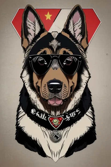 (((german shepherd dog, bulldogue, poodle, collie))), using rocker accessories, he wears a red bandana around his neck, fashion ...