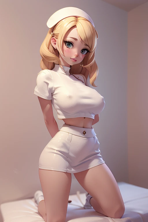 1girl, Blonde braided hair, (squatting), dressed in Glossy White Leather skirt, also shes a Nurse, on the battle field. gigantic breasts, ctmp, abs, giga_busty, fullbody shot, bottom view from below