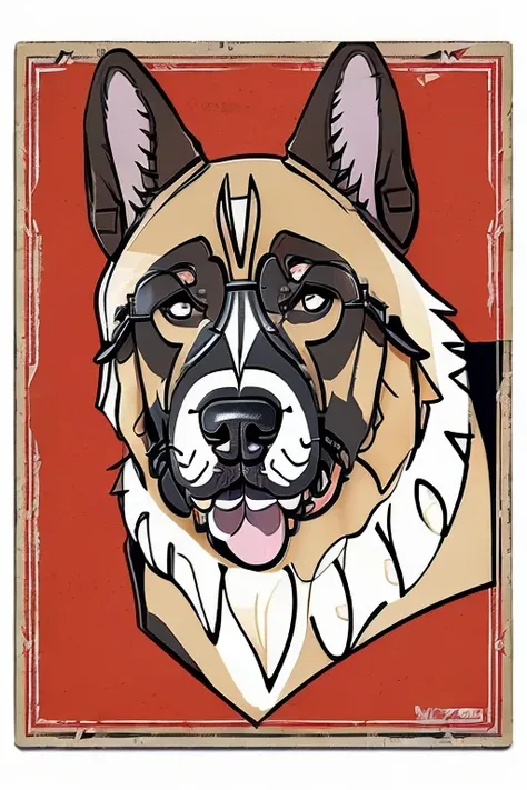 (((German Shepherd dog, bulldogue, poodle, Collie))), Using Rocker Accessories, he wears a red bandana around his neck, Fashion glasses, famous brand cap, (((cartazes, planfetos, Adesivos, propaganda, revista.))) monochrome, linear, sketch made
