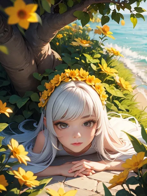 "An incredibly beautiful young woman with long, flowing white hair., Wearing a dazzling orange chiffon dress, resembling a princess., Lay down on the ground covered with cordia flowers fallen cordia. Top down view, view from above, Masterpiece, Under the c...