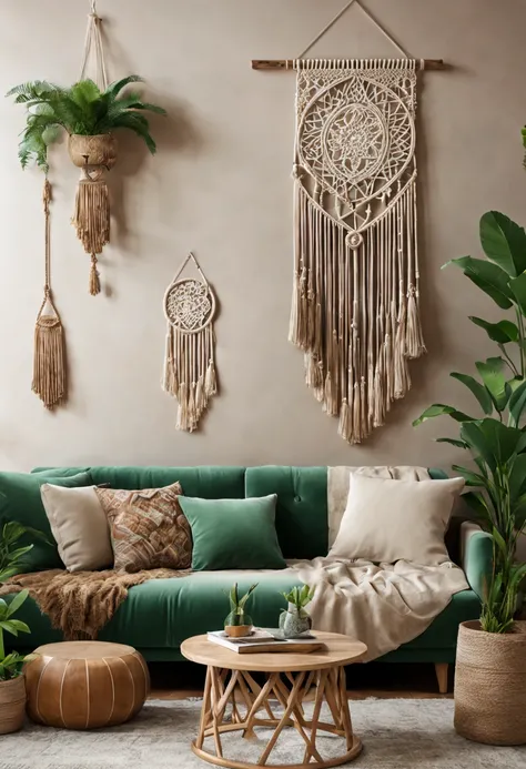 Create a visualization of a boho-style living room with artistic macramé hangings on the walls and accessories made of natural wood. Use muted colors such as green, brown, and beige to establish a harmonious atmosphere. Integrate textures that emphasize th...