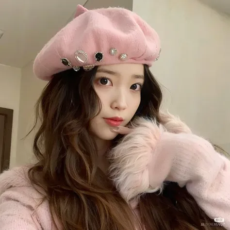 araffe wearing a pink hat and a pink coat with a pink fur coat, belle delphine, ulzzang, dilraba dilmurat, (pink colors), an ove...