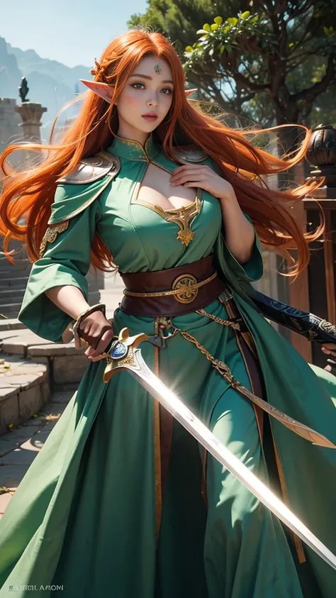 Elve with orange hair, beautiful face, beautiful lips, shining, wearing warrior clothes knightly, eyes Big and beautiful green colors,carry with her a huge sword 