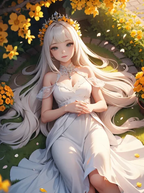 "An incredibly beautiful young woman with long, flowing white hair., Wearing a dazzling orange chiffon dress, resembling a princess., Lay down on the ground covered with cordia flowers fallen cordia. Top down view, view from above, Masterpiece, Under the c...