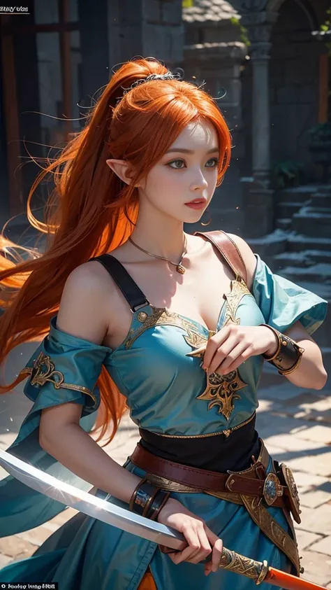 Elve with orange hair, beautiful face, beautiful lips, shining, wearing warrior clothes knightly, eyes Big and beautiful  colors,carry with her a huge sword 