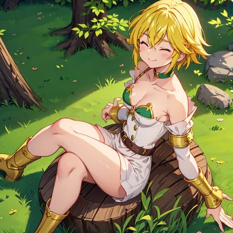 Meliodas in female version with medium breasts had her arms crossed smiling and her eyes closed 