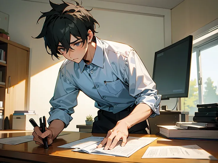 Male image of a person working at a desk at home.