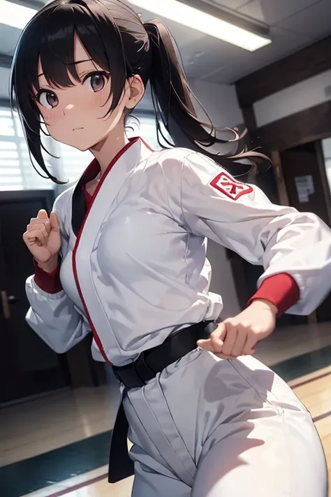 Plain clothing,Pure white karate uniform,White collar,karate stance,fighting girl,martial art,high kick,alone, 1 girl, looking at the viewer,long sleeve,Martial arts hall,white pants,Plain white clothes,black hair,Black belt,sense of speed