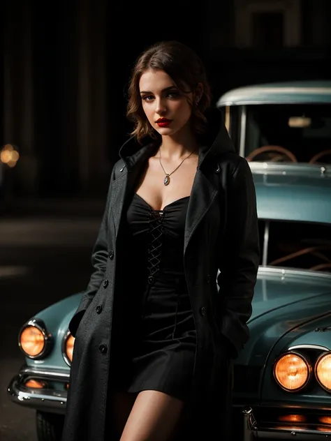 A seductive femme fatale around 20 years old is seen leaning against the hood of a vintage car collection. The cityscape behind her is a mesmerizing fusion of gothic and Art Nouveau architecture. Her alluring silhouette is accentuated by the cinematic ligh...