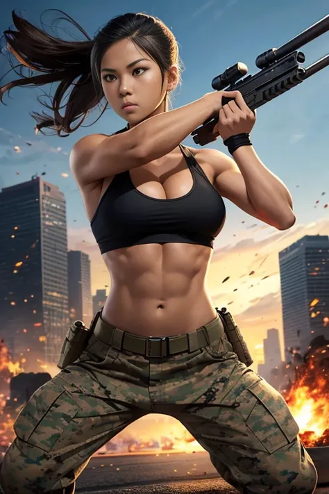 Full body, hq artwork, beautiful Filipino girl in her mid 20s, amber eyes, tan skin, short black hair, wearing marine corps uniform, athletic physique, strong muscles, military girl, soldier girl, infantry girl, camouflage uniform, torn tank top, belly but...