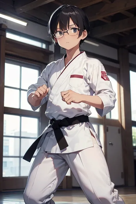 Plain clothing,Pure white karate uniform,White collar,karate stance,Fighting Boy,martial art,high kick,alone, 1 boy, looking at the viewer,three quarter sleeves,Martial arts hall,white pants,Plain white clothes,black hair,Black belt,Glasses,shaved head