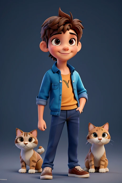 Boy with pet, perro y gato, sonrisa suave, figura de pie, personaje de dibujos animados, Renderizado 3D, symatic lighting, Trazado de rayos, (la mejor calidad, 8k, high resolusion, tmasterpiece:1.2), caprichoso, (parque de la ciudad con sol radiante).