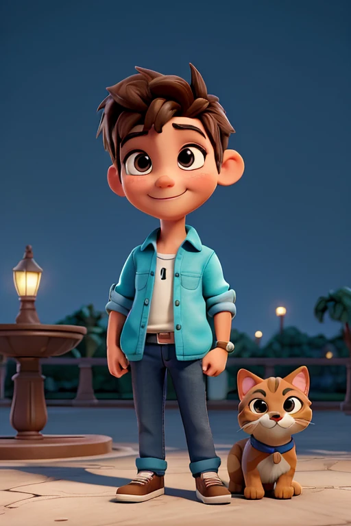 Boy with pet, perro y gato, sonrisa suave, figura de pie, personaje de dibujos animados, Renderizado 3D, symatic lighting, Trazado de rayos, (la mejor calidad, 8k, high resolusion, tmasterpiece:1.2), caprichoso, (parque de la ciudad con sol radiante).