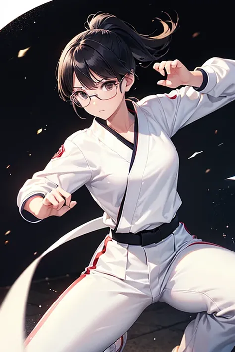 Plain clothing,Pure white karate uniform,White collar,karate stance,fighting girl,martial art,high kick,alone, 1 girl, looking at the viewer,three quarter sleeves,Martial arts hall,white pants,Plain white clothes,black hair,Black belt,Glasses,ponytail,