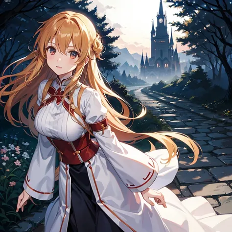 Asuna yuuki from sao with a long medieval dress running to the dark woods in a dark night with a vampire castle in the back