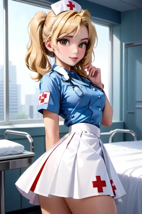 1girl, blonde, nurse, glossy white lather skirt,