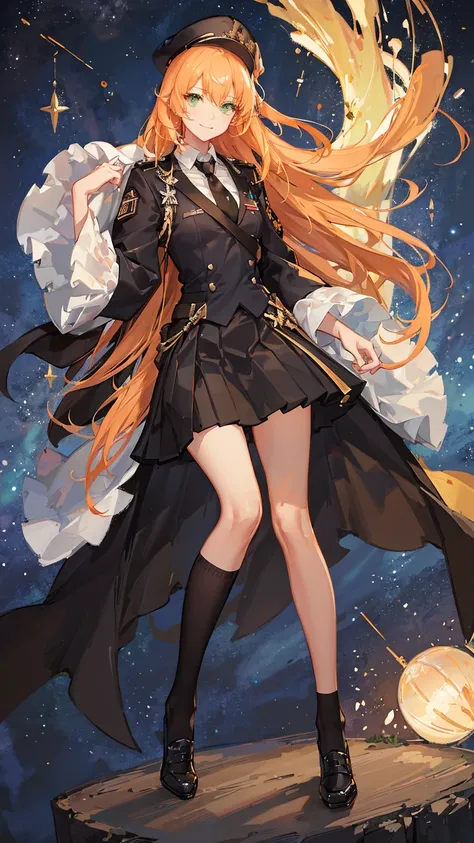 1boy,solo,cute,lovely,wink,gently smile, light orange hair, ((long straight hair)),light green eyes,anatomically correct,military cap,(black tie),((black ruffle skirt skirt)),black uniform ,night,starry sky, luminous effect,best quality, high quality,maste...