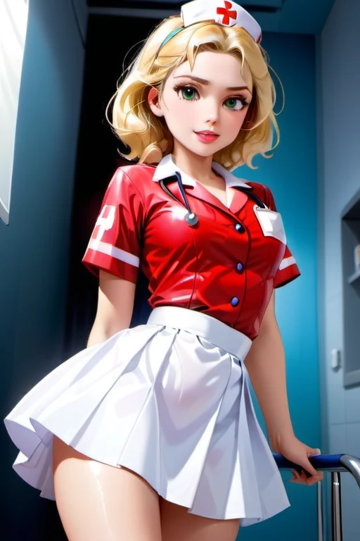 1girl, blonde, nurse, glossy white lather skirt, 